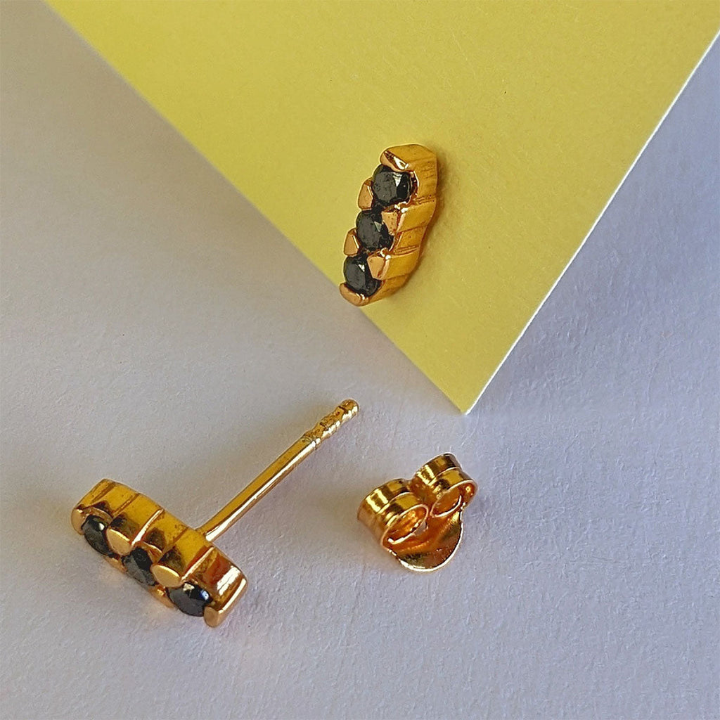 Black Cubic Zirconia Trio Gold Stud Earrings
