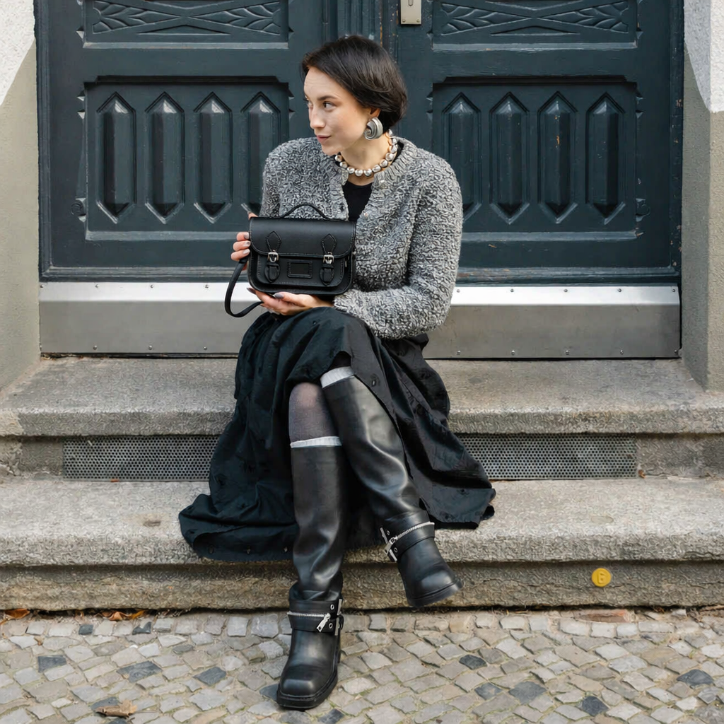 Leather Midi Satchel - Black