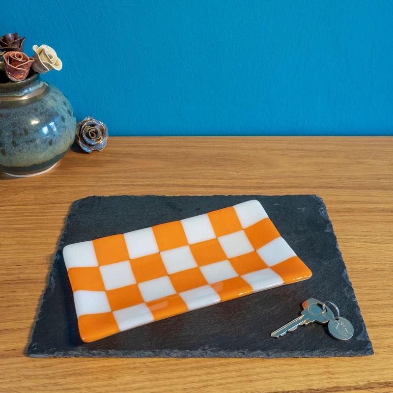 Handmade Glass Tray – Chequered Fused Design by Cornish Artisan by David Perry Glass & Ceramics (21x12cm-chequered-white-colour-large-tray-bullseye-collection)