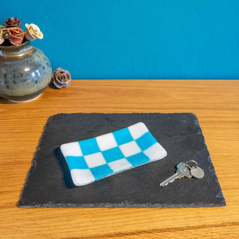 Handmade Glass Tray – Chequered Fused Glass Trinket Dish by David Perry Glass & Ceramics (15x8cm-chequered-white-colour-medium-tray-bullseye-collection)