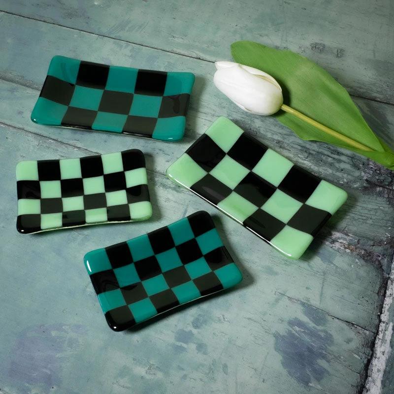 Glass Tray – Handmade Chequered Design for Keys & Jewellery by David Perry Glass & Ceramics (15x8cm-chequered-dual-coloured-medium-tray-bullseye-collection)