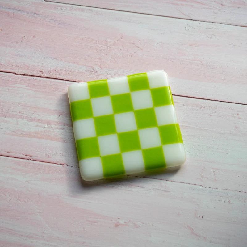 Fused Glass Coaster - Handmade Chequered Design in Cornwall by David Perry Glass & Ceramics (10cm-chequered-white-colour-coaster-bullseye-collection)