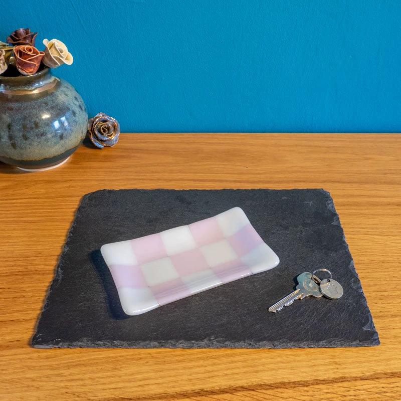 Handmade Glass Tray – Chequered Fused Glass Trinket Dish by David Perry Glass & Ceramics (15x8cm-chequered-white-colour-medium-tray-bullseye-collection)