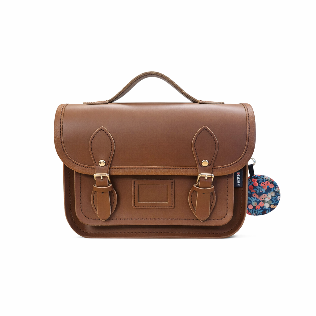 Floral Lined Leather Midi Satchel - Chestnut