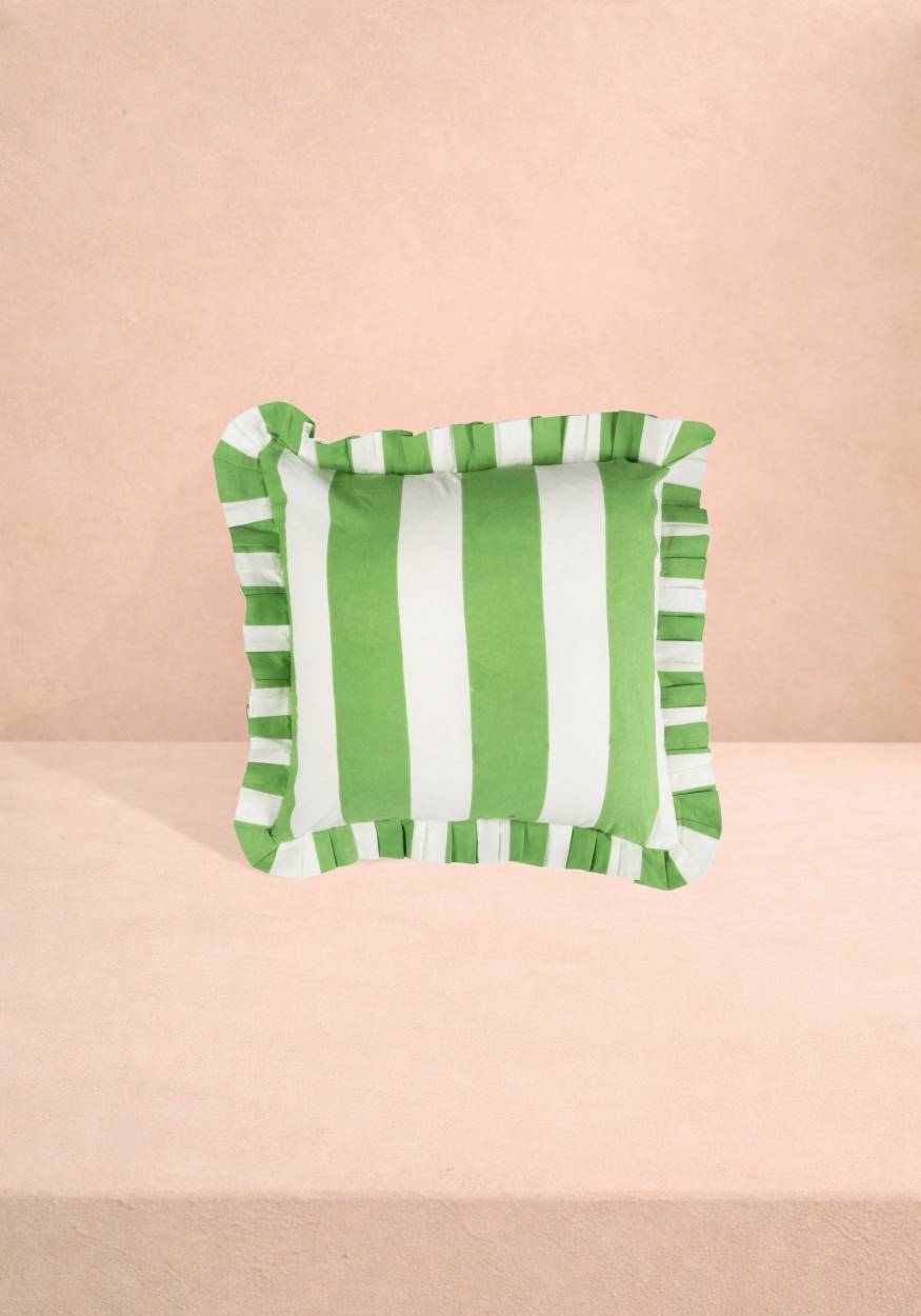 Green Cabana Stripe Ruffled Cushion Cover
