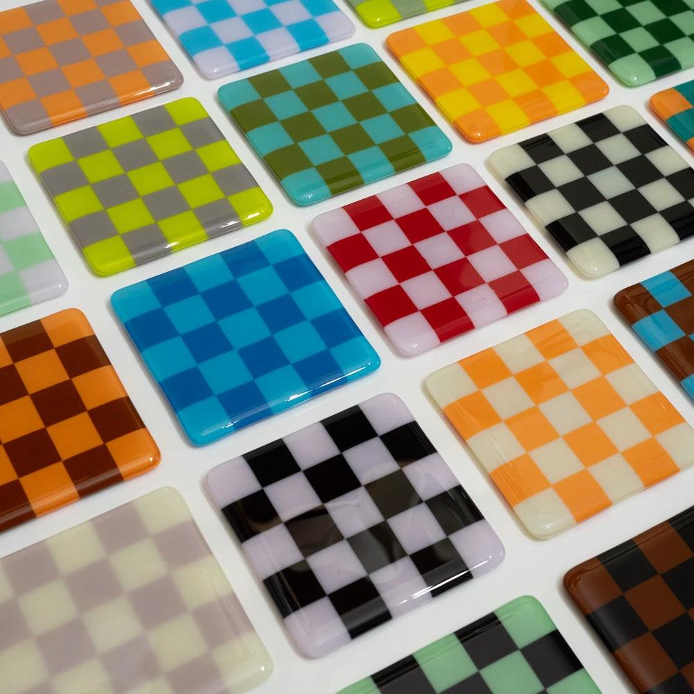 Fused Glass Coaster - Handcrafted Chequered Design from Cornwall by David Perry Glass & Ceramics (10cm-chequered-dual-colour-coaster-oceanside-collection)