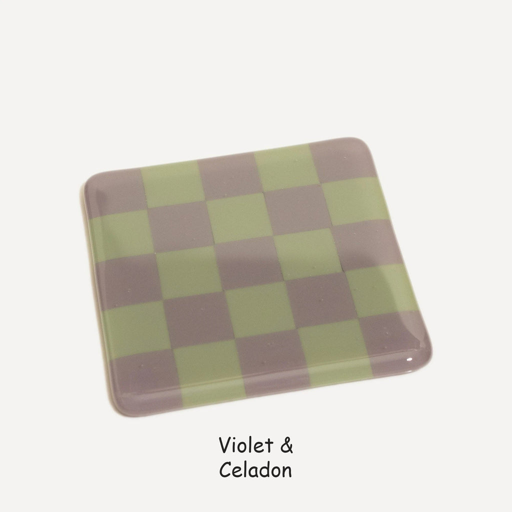 Fused Glass Coaster - Handcrafted Chequered Design from Cornwall by David Perry Glass & Ceramics (10cm-chequered-dual-colour-coaster-oceanside-collection)