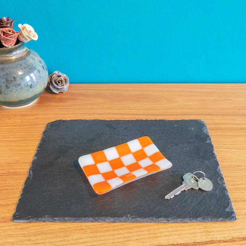 Handmade Glass Tray - Chequered Fused Glass Small Dish 12x7cm by David Perry Glass & Ceramics (12x7cm-chequered-white-colour-small-tray-bullseye-collection)