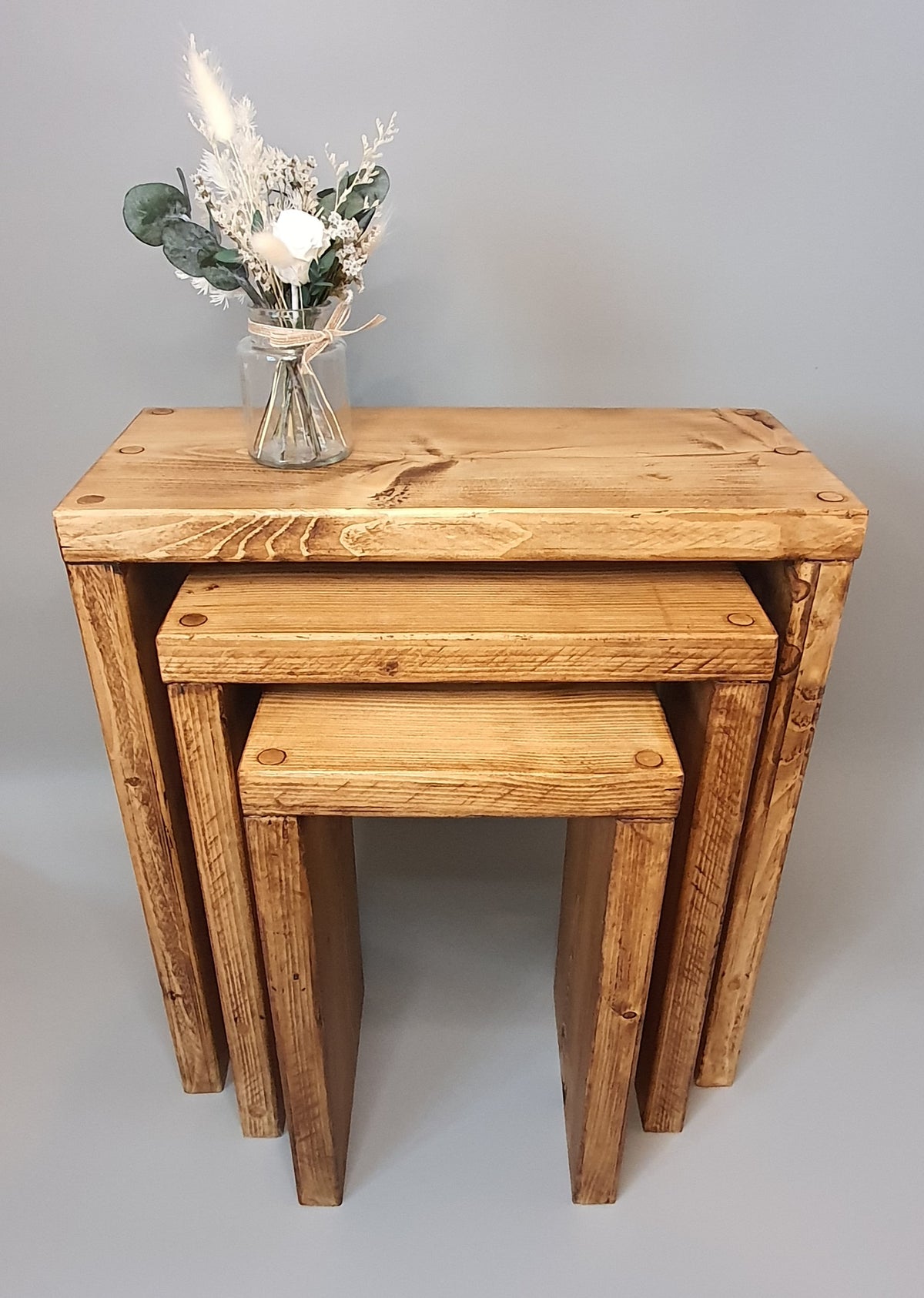 Set of 3 Solid Wood Rustic Nest Of Tables with Timber Legs