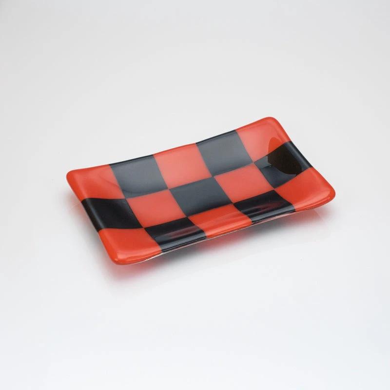 Glass Tray – Handmade Chequered Design for Keys & Jewellery by David Perry Glass & Ceramics (15x8cm-chequered-dual-coloured-medium-tray-bullseye-collection)