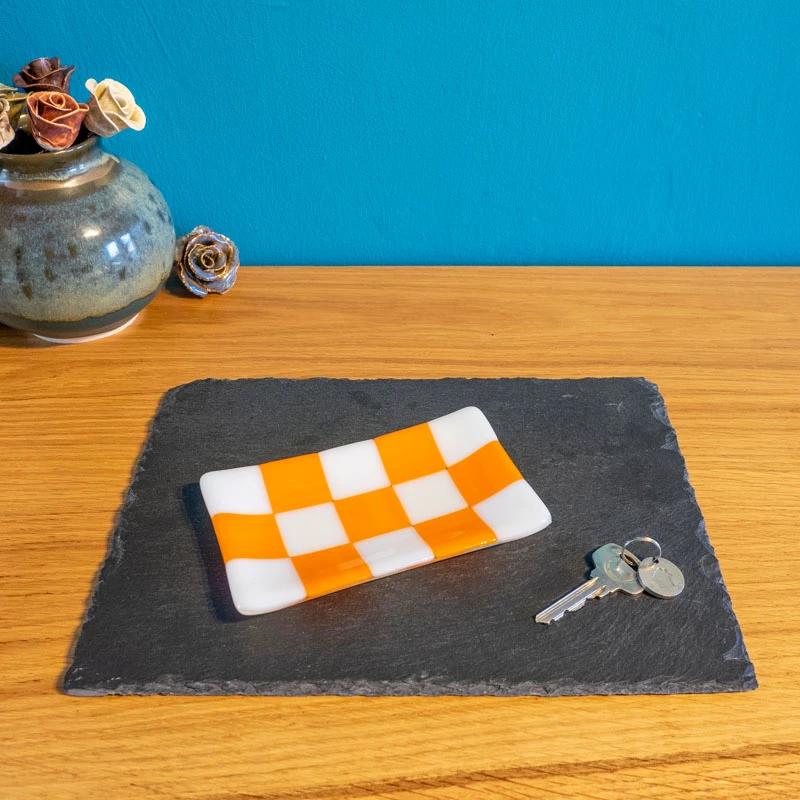Handmade Glass Tray – Chequered Fused Glass Trinket Dish by David Perry Glass & Ceramics (15x8cm-chequered-white-colour-medium-tray-bullseye-collection)