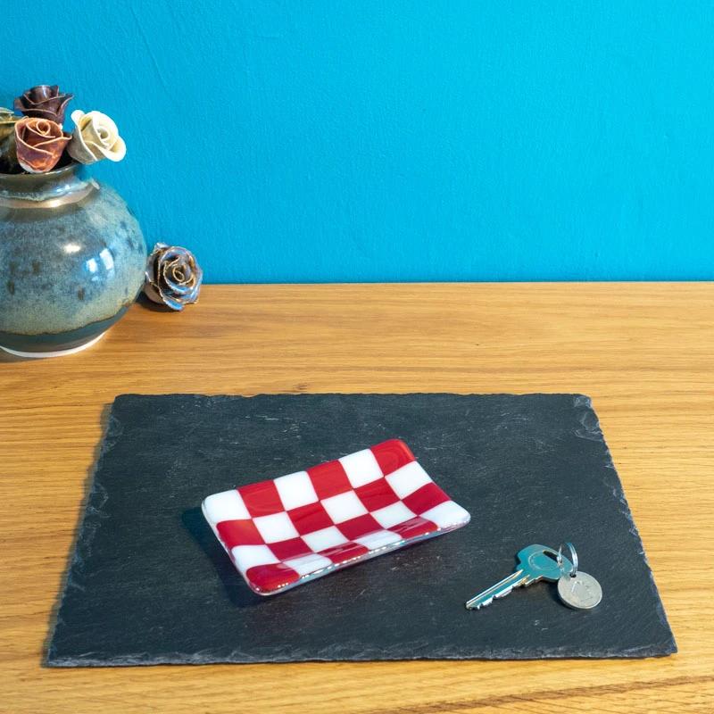 Handmade Glass Tray - Chequered Fused Glass Small Dish 12x7cm by David Perry Glass & Ceramics (12x7cm-chequered-white-colour-small-tray-bullseye-collection)