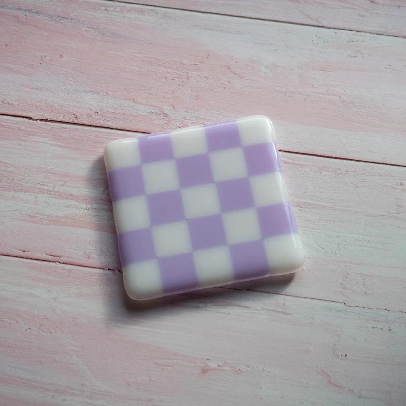 Fused Glass Coaster - Handmade Chequered Design in Cornwall by David Perry Glass & Ceramics (10cm-chequered-white-colour-coaster-bullseye-collection)