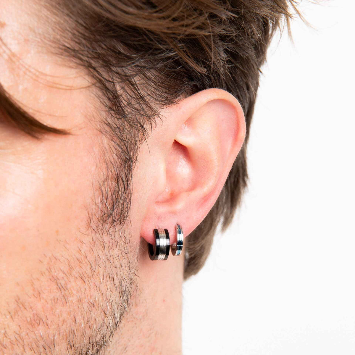 Fred Bennett Stainless Steel and Black Detail Hoop Earrings