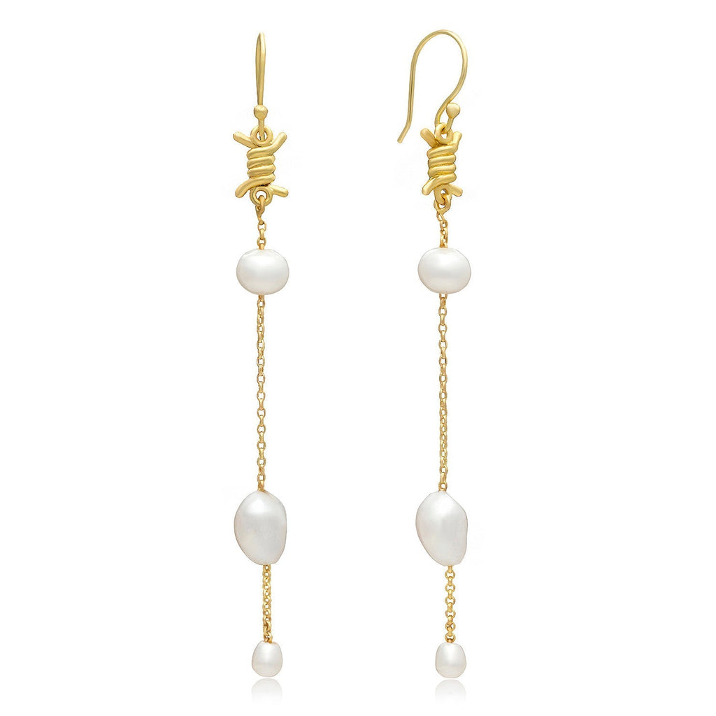 Eva Long Drop Pearl & Barbed Wire Earrings