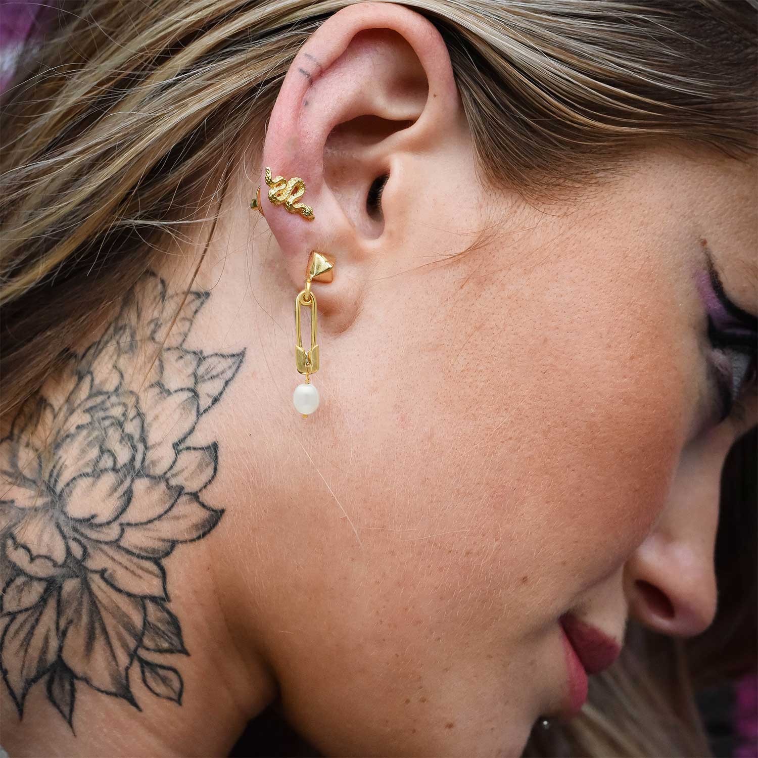Kati Safety Pin Stud & Drop Pearl Earrings
