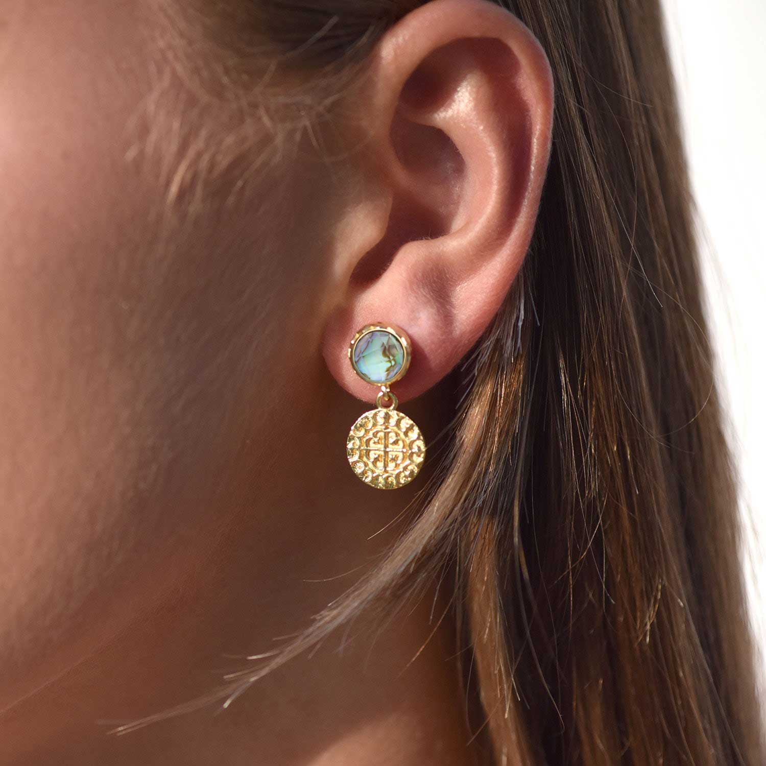 Apollo Gold Coin & Gemstone Stud Earrings: Abalone