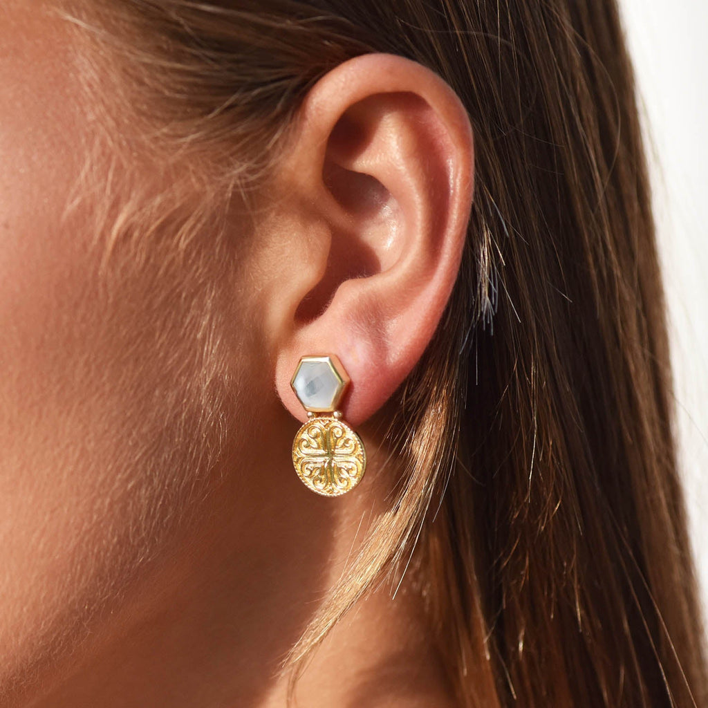 Thea Hexagon Ornate Coins Stud Earrings: Peach Moonstone