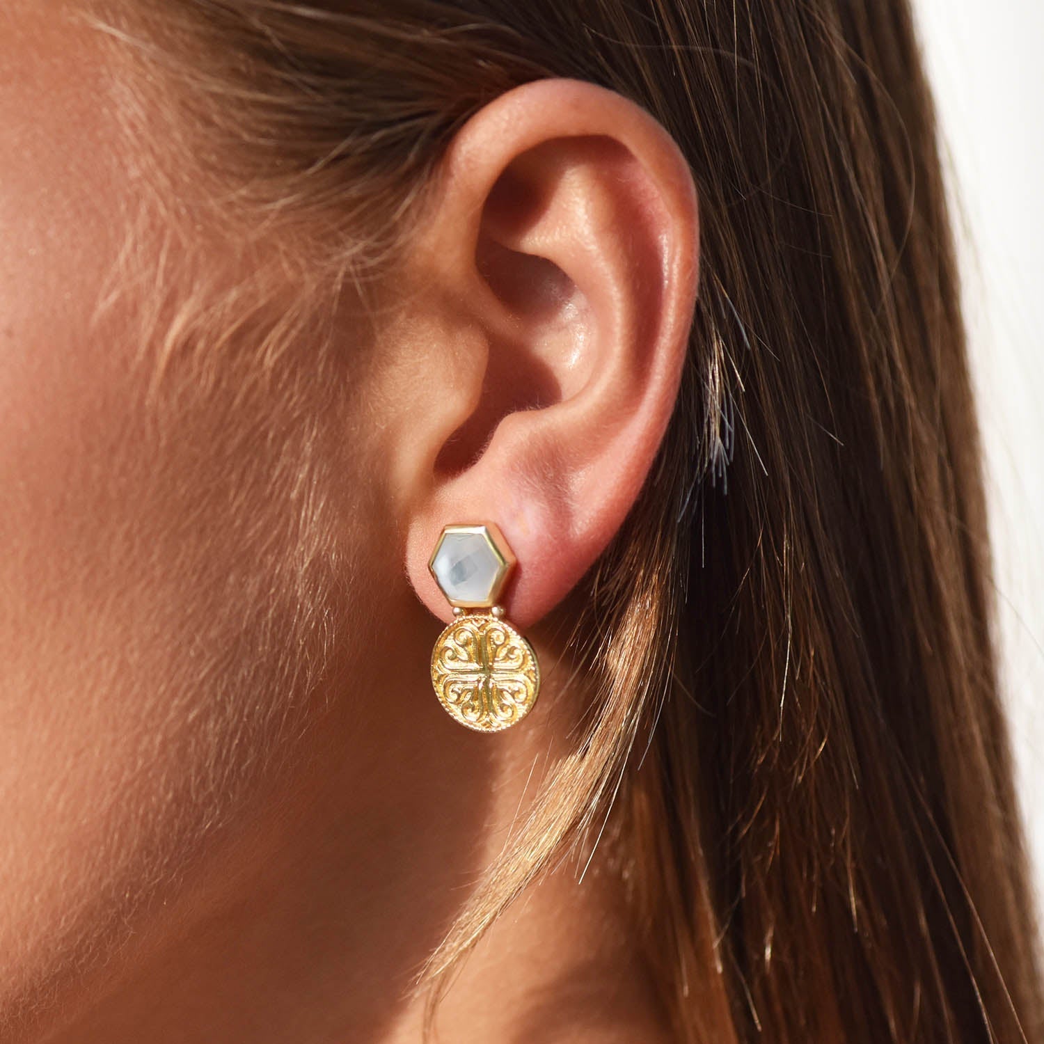 Thea Hexagon Gemstone Stud Earrings with Ornate Coins:  Mother of Pearl with Crystal