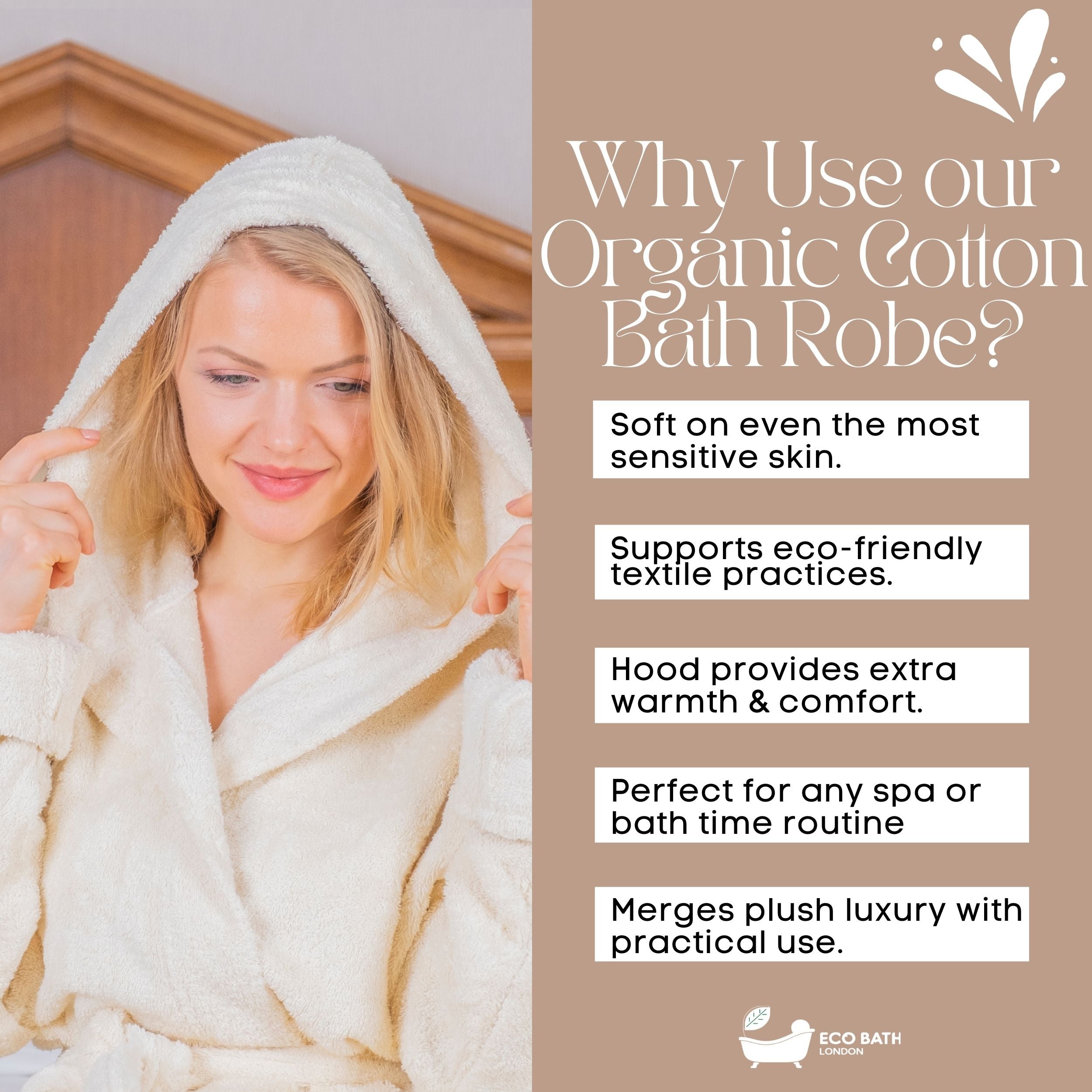 Eco Bath London Hooded Organic Cotton Bath Robe - 100% Certified Organic Cotton