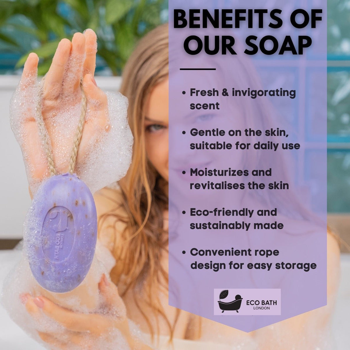 Eco Bath London Lavender Soap on a Rope 220g -  Luxurious and Eco Friendly Relaxing Body Wash Bar with Shea Butter