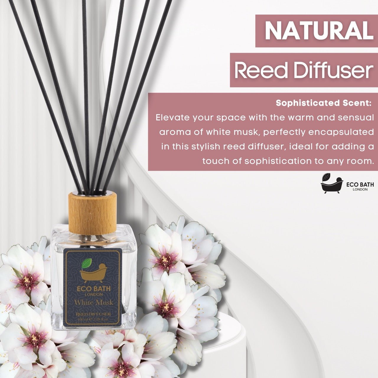 Eco Bath London White Musk Reed Diffuser - Fresh and Sweet Fruits Scented Room Diffuser with Lemon, Mandarin, Green Pear, and Bergamot, 100ml (3.38 Fl.Oz)