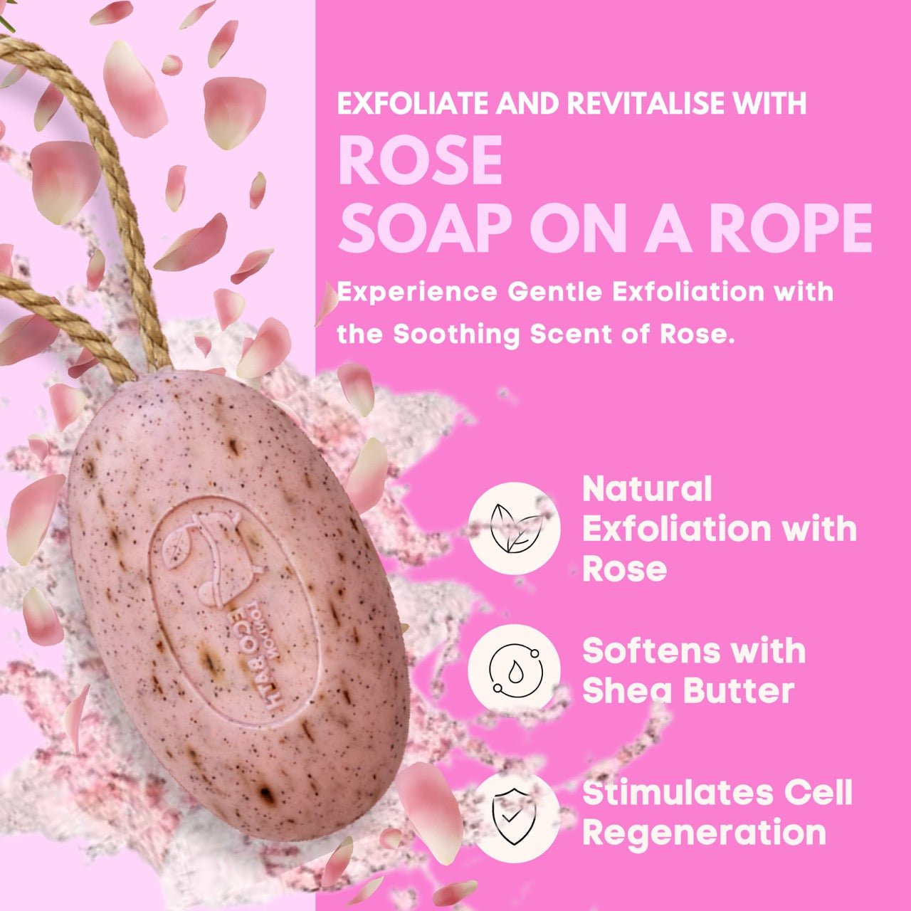 Eco Bath London Rose Soap on a Rope 220g - Luxurious and Eco Friendly Body Wash Bar with Shea Butter