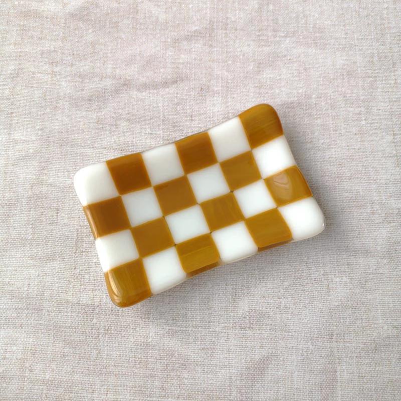 Handmade Glass Tray - Chequered Fused Glass Small Dish 12x7cm by David Perry Glass & Ceramics (12x7cm-chequered-white-colour-small-tray-bullseye-collection)