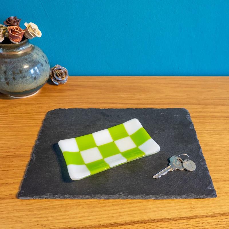 Handmade Glass Tray – Chequered Fused Glass Trinket Dish by David Perry Glass & Ceramics (15x8cm-chequered-white-colour-medium-tray-bullseye-collection)