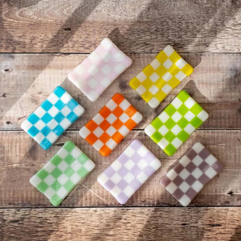Handmade Glass Tray - Chequered Fused Glass Small Dish 12x7cm by David Perry Glass & Ceramics (12x7cm-chequered-white-colour-small-tray-bullseye-collection)