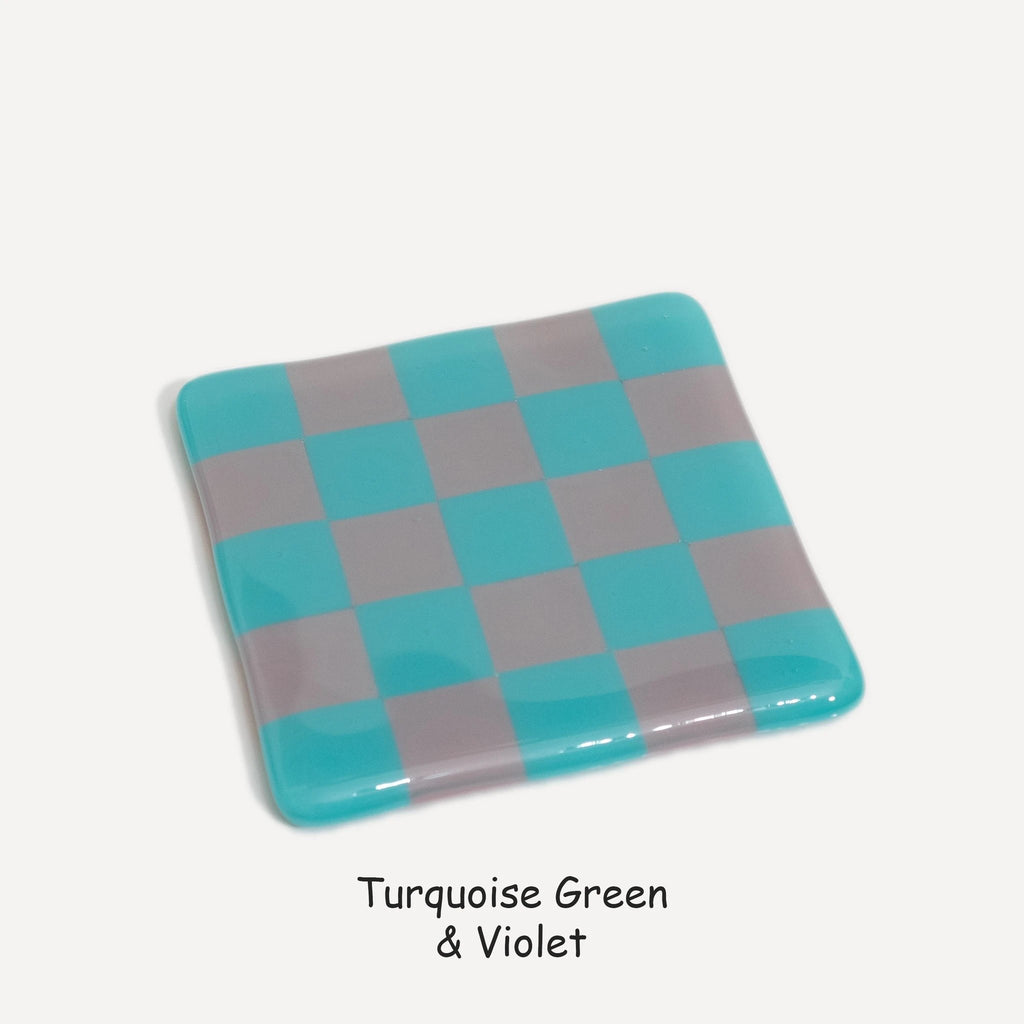 Fused Glass Coaster - Handcrafted Chequered Design from Cornwall by David Perry Glass & Ceramics (10cm-chequered-dual-colour-coaster-oceanside-collection)
