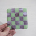 Fused Glass Coaster – Mint Green & Lavender Chequered Design by David Perry Glass & Ceramics (10cm-mint-green-transparent-lavender-with-amethyst-white-chequered-coaster-bullseye-collection)