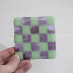 Fused Glass Coaster – Mint Green & Lavender Chequered Design by David Perry Glass & Ceramics (10cm-mint-green-transparent-lavender-with-amethyst-white-chequered-coaster-bullseye-collection)