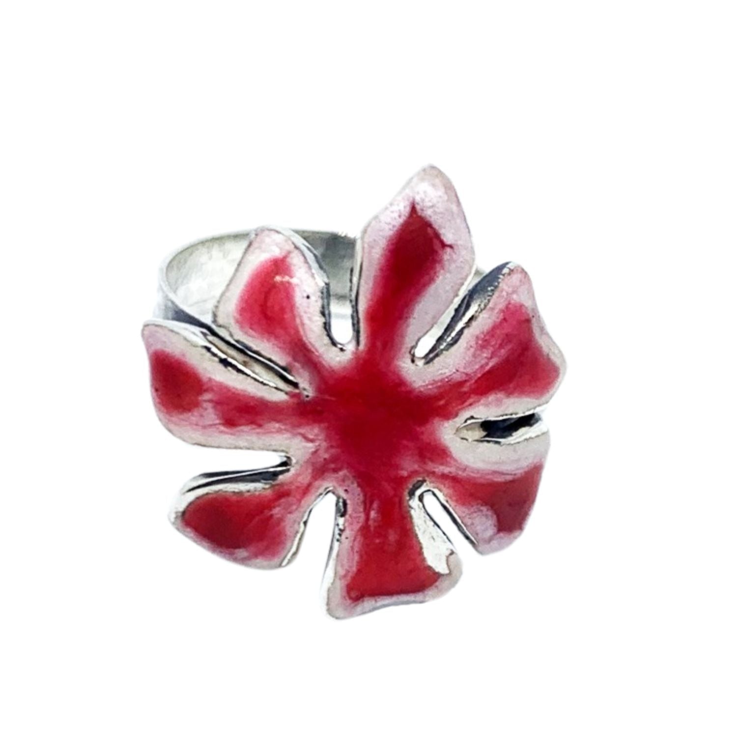 Flower Ring – Sterling Silver 925 with White & Red Enamel-One of A Kind