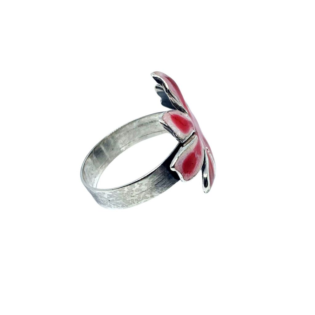 Flower Ring – Sterling Silver 925 with White & Red Enamel-One of A Kind