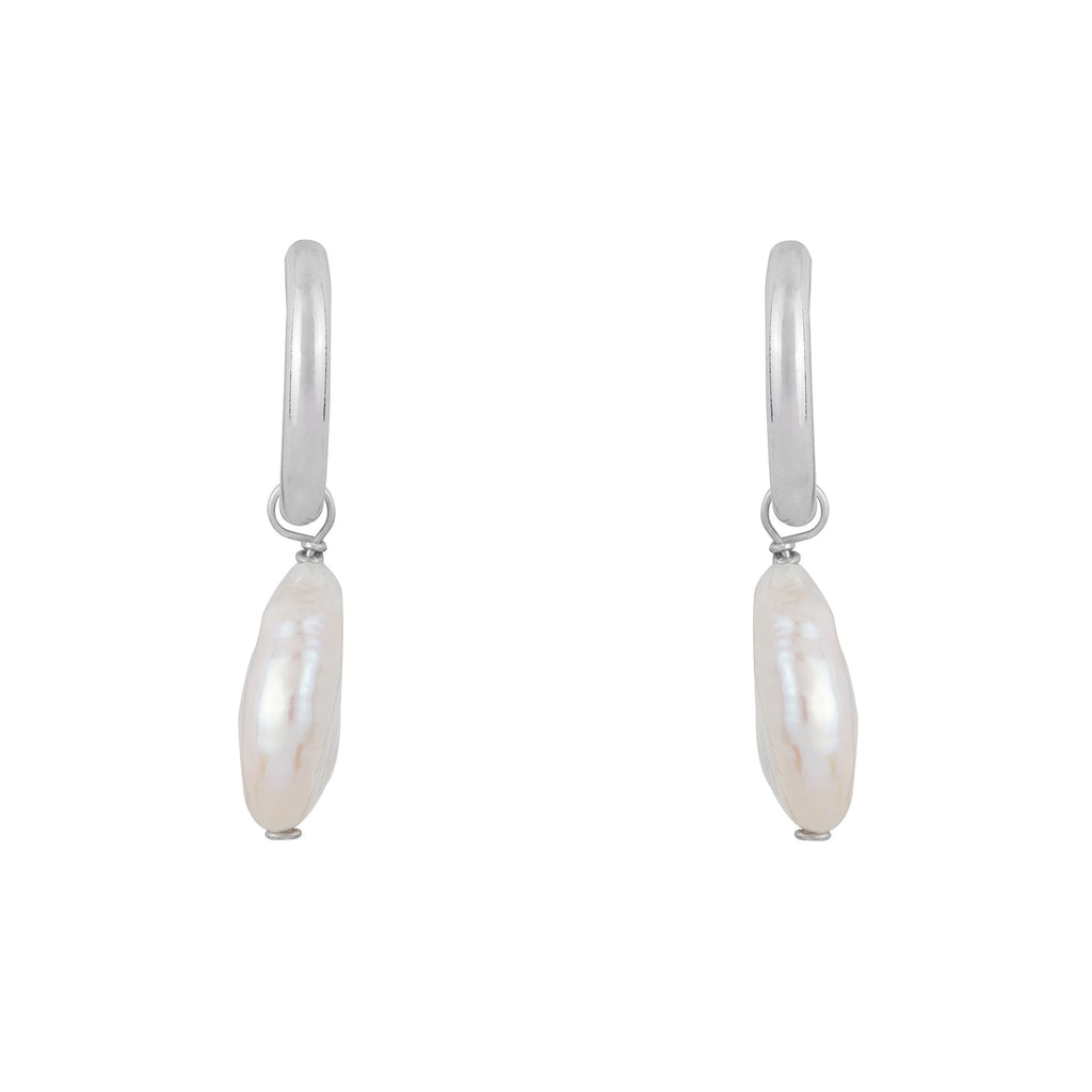 Round Pearl Drop Hoops: Silver