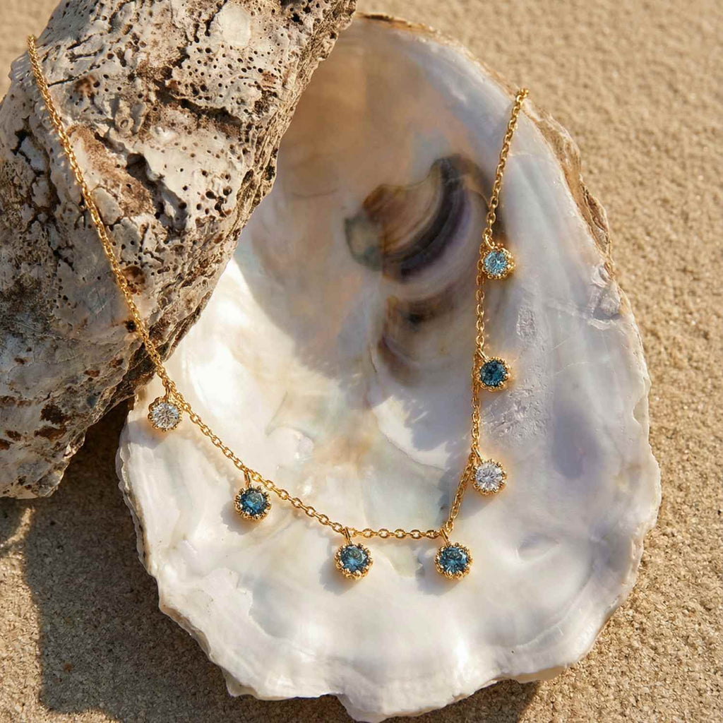 Gold Aqua Necklace with Barnacles and Rainbow Topaz