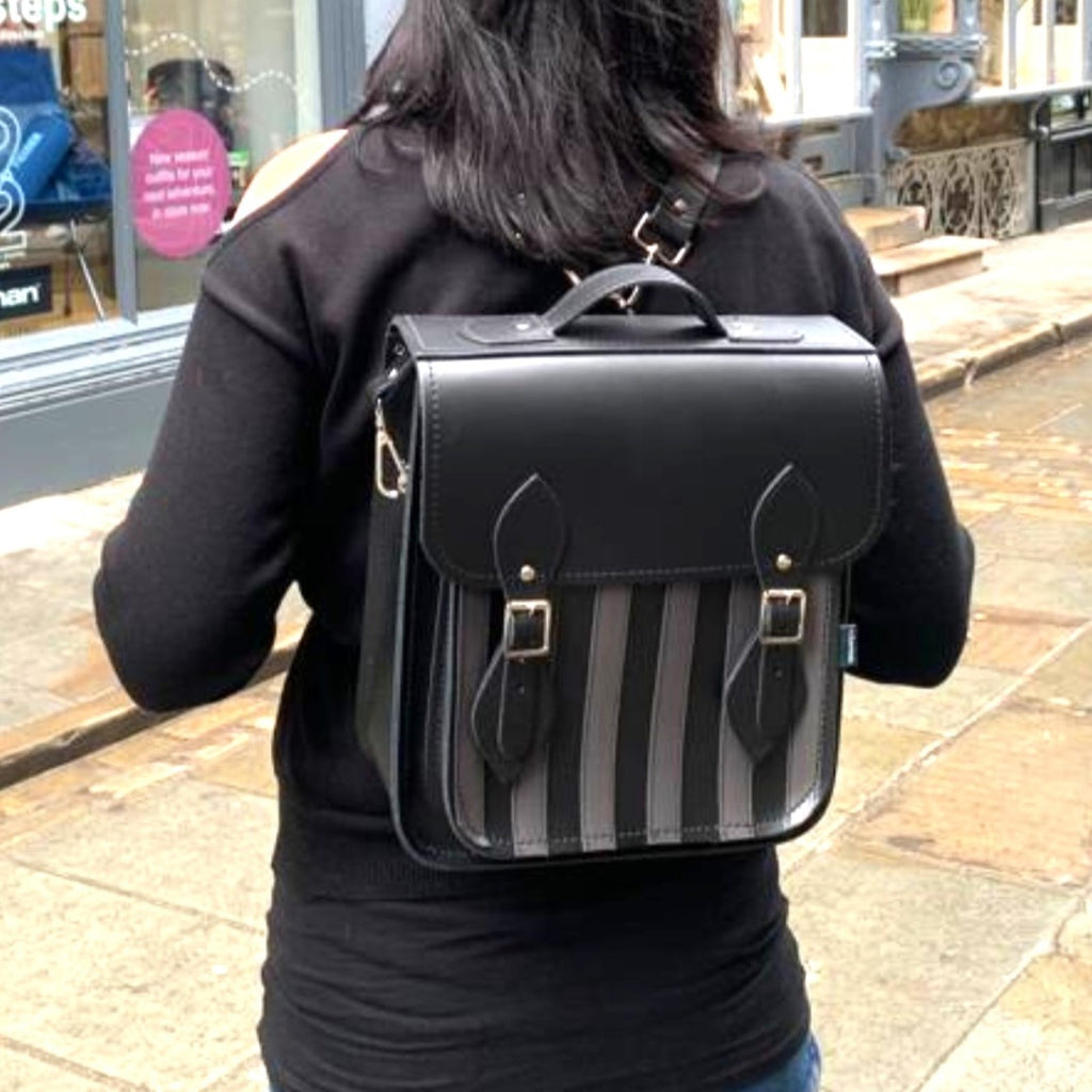 Handmade Leather City Backpack - Gothic Striped Grey & Black