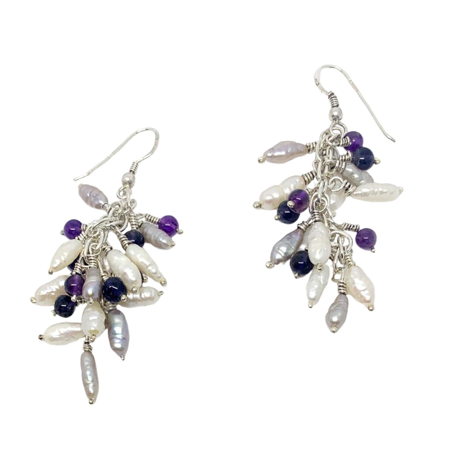 Grappolo Gemstone Earrings – Freshwater Pearls, Iolite & Amethyst - Recycle Sterling Silver
