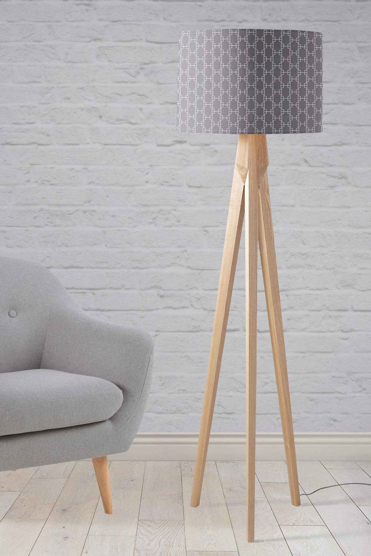 Grey Drum Lampshade, White Squares Geometric Design Shade for Table, Floor or Ceiling Pendant Light