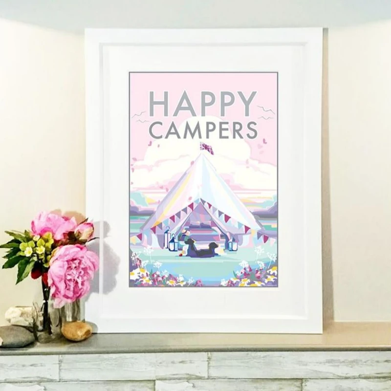 Vintage Travel Poster – Happy Campers Pink Palette Print by BeckyBettesworth (happy-campers)