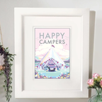 Vintage Travel Poster – Happy Campers Pink Palette Print by BeckyBettesworth (happy-campers)