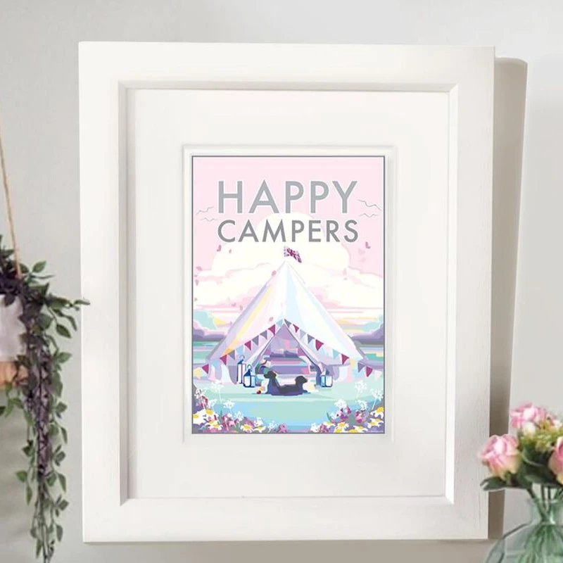 Vintage Travel Poster – Happy Campers Pink Palette Print by BeckyBettesworth (happy-campers)