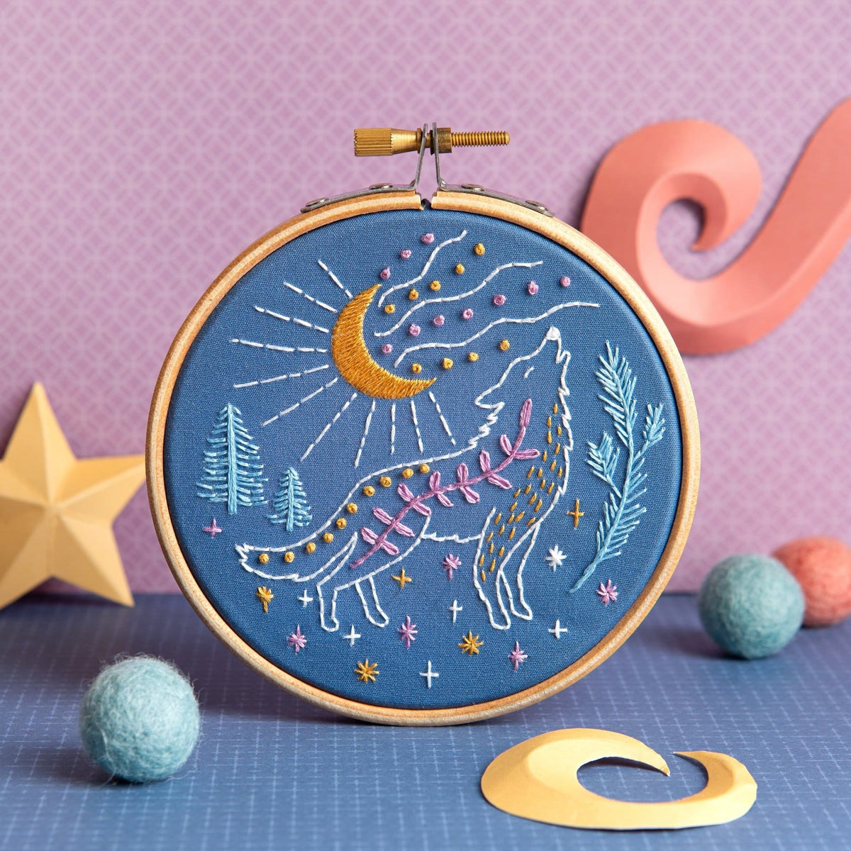 Celestial Wolf Mini Embroidery Kit for Beginners