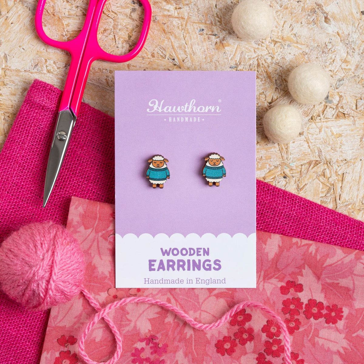 Woolly Sheep Wooden Earrings  - Knitting Gift