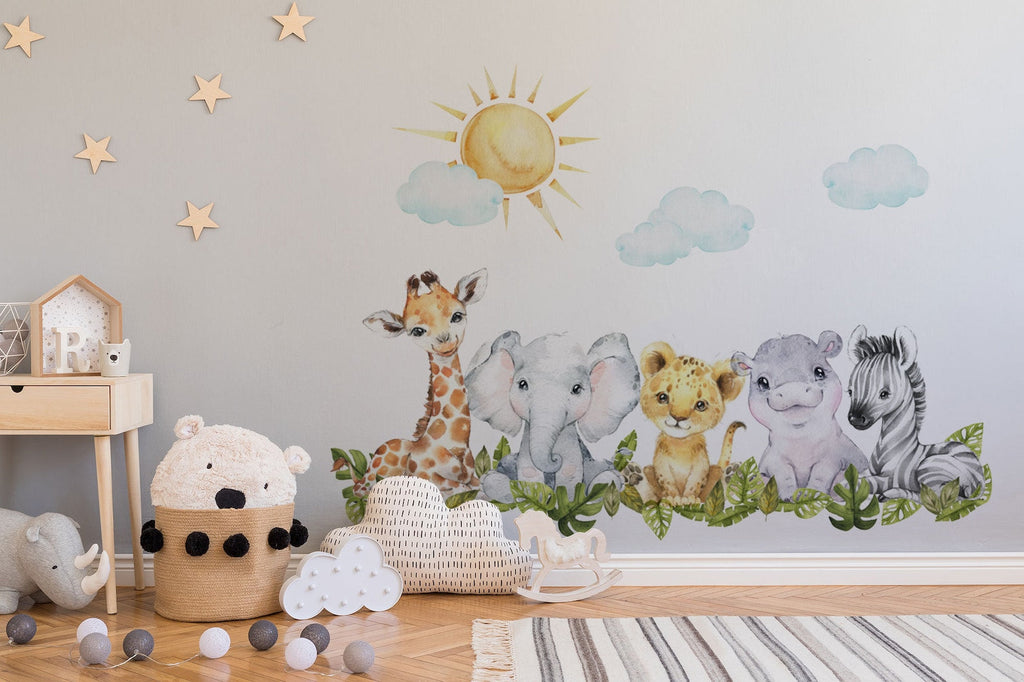 Baby Safari Animals Watercolor Wall Decal | Nursery Mural | Lion Elephant Sticker
