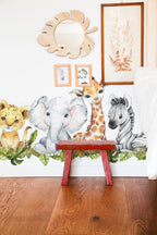 Baby Safari Animals Watercolor Wall Decal | Nursery Mural | Lion Elephant Sticker