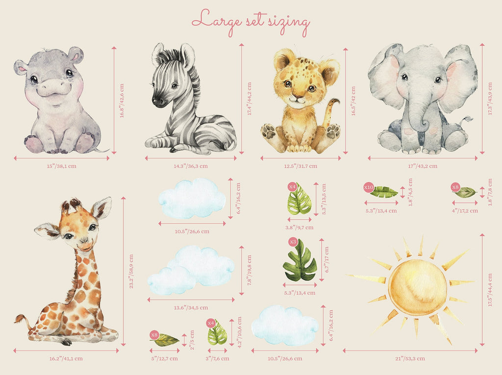 Baby Safari Animals Watercolor Wall Decal | Nursery Mural | Lion Elephant Sticker