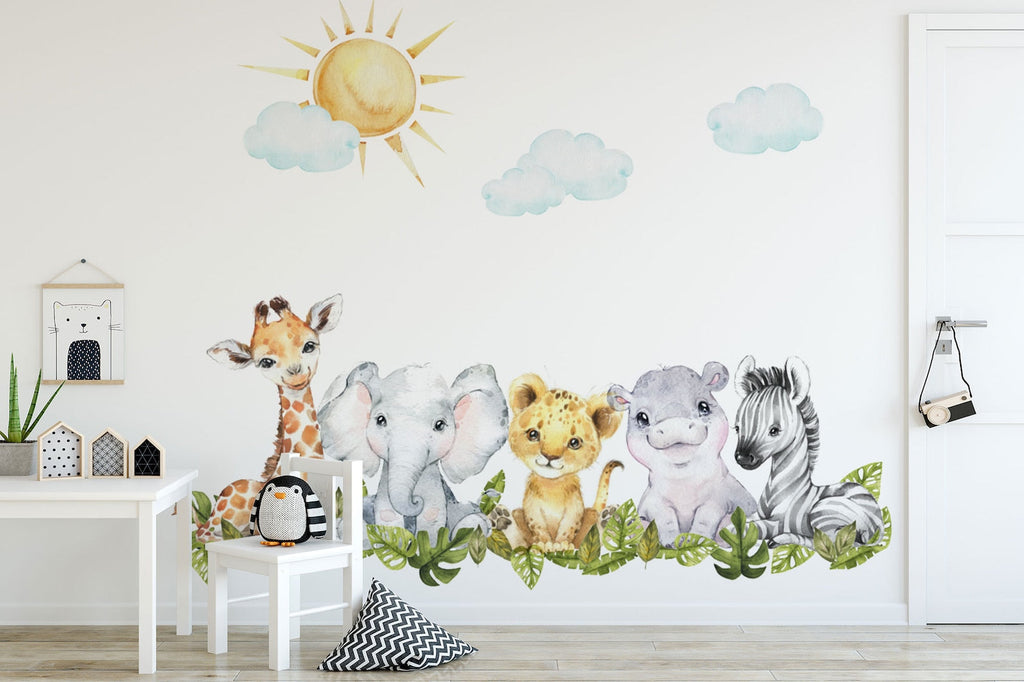 Baby Safari Animals Watercolor Wall Decal | Nursery Mural | Lion Elephant Sticker