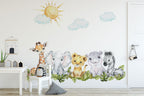 Baby Safari Animals Watercolor Wall Decal | Nursery Mural | Lion Elephant Sticker